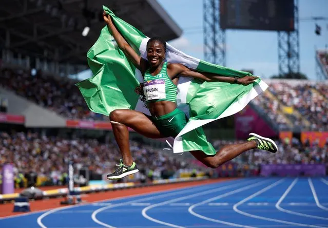 Tobi Amusan of Nigeria celebrates winning the gold medal in the Women's 100m Hurdles Final during the Athletics competition at Alexander Stadium during the Birmingham 2022 Commonwealth Games on August 7, 2022, in Birmingham, England. (Photo by John Sibley/Reuters)