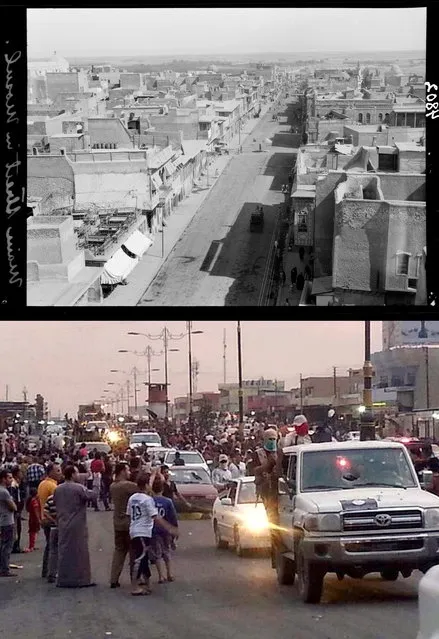 This combination of two photographs shows a 1932 image of a main street in Mosul, northern Iraq, from the Library of Congress, top, and militants parading down a main road in Mosul, posted on a militant Twitter account on Wednesday, June 11, 2014, which has been authenticated based on its contents and other AP reporting. Iraq's second largest city, Mosul, is now locked under the rule of extremists from the Islamic State group trying to purge it of everything they see as contradicting their stark vision of Islam. (Photo by AP Photo)
