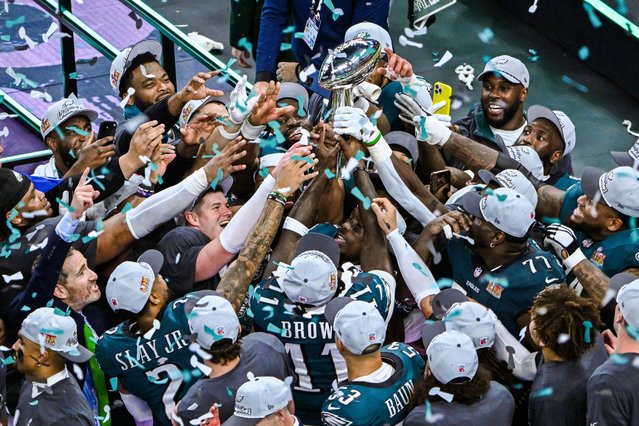 The Philadelphia Eagles celebrate with the Lombardo trophy after their Super Bowl LIX victory over the Kansas City Chiefs in New Orleans, US on February 9, 2025. (Photo by PA Wire Press Association)