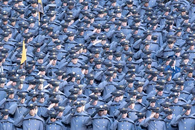 The Army Corp of Cadets salute during the National Anthem at Lincoln Financial Field on December 10, 2022 in Philadelphia, Pennsylvania. (Photo by Edward Diller/Getty Images)