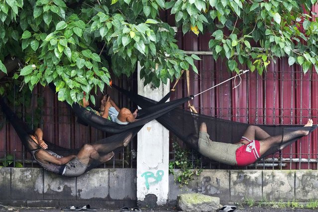 Men rest in hammocks underneath a tree in Manila, Philippines, Thursday, July 17, 2025. (Photo by Aaron Favila/AP Photo)