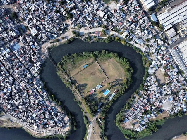Aerial view of the Saturnino Moure stadium of the Atlético Victoriano Arenas club of the 4th division of Argentine football in Buenos Aires, Argentina on March 4, 2023. It is located in the meander of Brian in Valentín Alsina belonging to the Province of Buenos Aires, with capacity for 1500 fans and inaugurated in 1963. (Photo by Agustin Marcarian/Reuters)