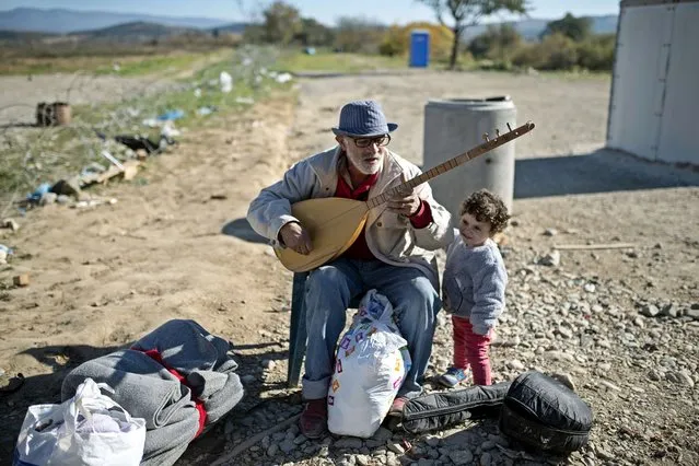 A Syrian man plays a string instrument while other migrants and refugees cross the Greek-Macedonian border near Gevgelija on November 13, 2015.  European leaders tried to focus on joint action with Africa to tackle the migration crisis, as Slovenia became the latest EU member to act on its own by barricading its border. (Photo by Robert Atanasovski/AFP Photo)