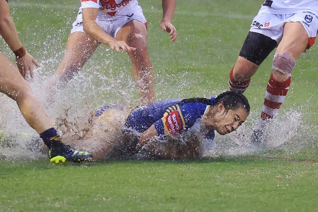 Tiana Penitani of the Eels is tackled in pouring rain during the round two NRLW match between the St George Illawarra Dragons and the Parramatta Eels at WIN Stadium, on March 06, 2022, in Wollongong, Australia. (Photo by Mark Evans/Getty Images)