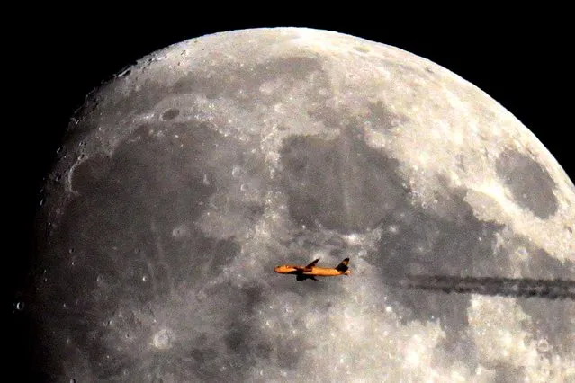 The passengers on this plane probably weren't expecting to fly quite so close to the moon as they flew from the Balearic Islands, Spain, to Germany, on July 25, 2013. (Photo by Photoshelter.com)