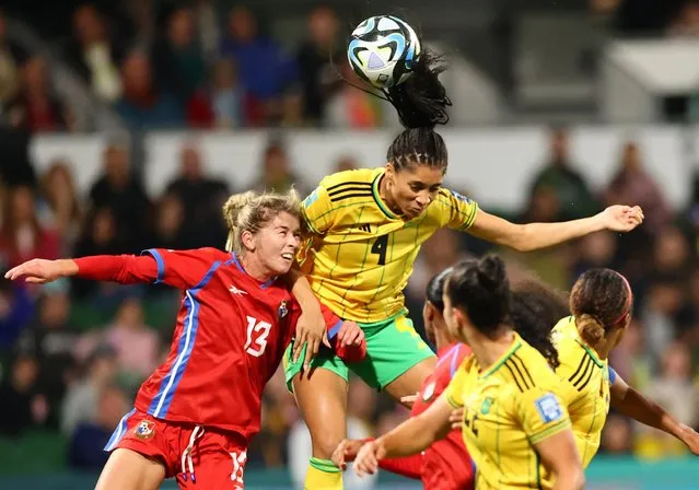 Jamaica's Chantelle Swaby in action with Panama's Riley Tanner during the FIFA Women's World Cup Australia & New Zealand 2023 Group F match between Panama and Jamaica at Perth Rectangular Stadium on July 29, 2023 in Perth / Boorloo, Australia. (Photo by Luisa Gonzalez/Reuters)