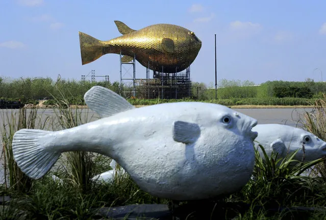 A viewing tower in the shape of a giant copper puffer fish is seen behind a sculpture of puffer fish (front) in Yangzhong county, Jiangsu province September 21, 2013. The tower has raised an online huff about the latest in a series of bizarre and extravagant targets of state investment. Encased in 8,920 copper plates and built at a cost of around 70 million yuan ($11.4 million), the tower on an island in Yangzhong county, eastern Jiangsu province, hovers 15 storeys above ground. (Photo by Reuters/Stringer)