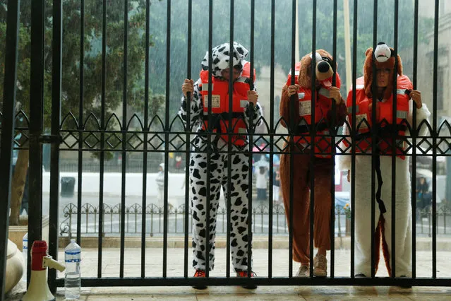 Crew members of the charity rescue ships Lifeline, Sea-Watch 3 and Seefuchs, dressed up as dogs, take part in a protest outside the Courts of Justice, in Valletta, Malta October 2, 2018. (Photo by Darrin Zammit Lupi/Reuters)
