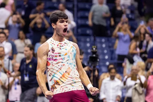 Spain's Carlos Alcaraz celebrates his win against Germany's Alexander Zverev the US Open tennis tournament men's singles quarter-finals match at the USTA Billie Jean King National Tennis Center in New York City, on September 6, 2023. (Photo by Corey Sipkin/AFP Photo)