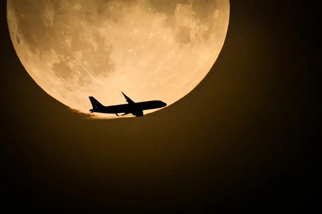 A British Airways Airbus A320 from Belfast and preparing to land at Heathrow, flies past the full moon rising in the skye of London, on August 30, 2023. (Photo by Justin Tallis/AFP Photo)