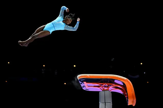 Simone Biles of Team United States competes on Vault during Women's Qualifications on Day Two of the FIG Artistic Gymnastics World Championships at the Antwerp Sportpaleis on October 01, 2023 in Antwerp, Belgium. (Photo by Matthias Hangst/Getty Images)