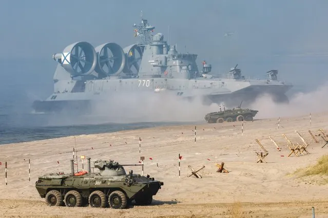 A view shows the Khmelyovka firing ground during drills to train amphibious assault, part of the active phase of the military exercises “Zapad-2021” staged by the armed forces of Russia and Belarus in Kaliningrad Region, Russia, September 11, 2021. (Photo by Russian Defence Ministry Press Service/Handout via Reuters)
