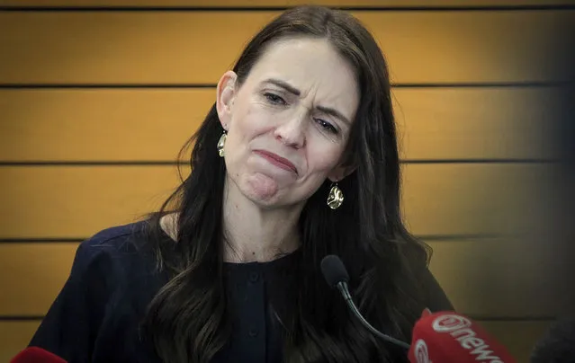 New Zealand Prime Minister Jacinda Ardern grimaces as she announces her resignation at a press conference in Napier, New Zealand Thursday, January 19, 2023. Ardern says that she will not contest this year's general elections. (Photo by Warren Buckland/New Zealand Herald via AP Photo)