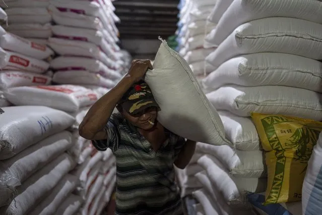 A worker carries a bag of rice at a warehouse in Ho Chi Minh City, Vietnam, Tuesday, January 30, 2024. Vietnam is the world's third largest rice exporter, and the staple importance to Vietnamese culture is palpable in the Mekong Delta. (Photo by Jae C. Hong/AP Photo)