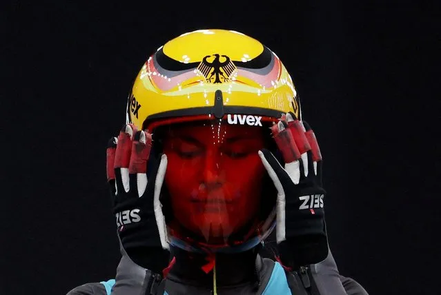 Julia Taubitz of Germany reacts before training for the women's single luge at the National Sliding Center in Beijing, China on February 3, 2022. (Photo by Edgar Su/Reuters)