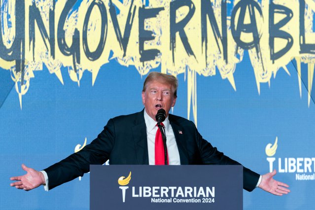 Republican presidential candidate former President Donald Trump speaks at the Libertarian National Convention at the Washington Hilton in Washington, Saturday, May 25, 2024. (Photo by Jose Luis Magana/AP Photo)