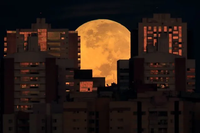 The moon is partially covered by buildings in Brasilia, Brazil, at the start of a total lunar eclipse early Wednesday, May 26, 2021. Wednesday's eclipse is the first in more than two years and coincides with a supermoon. (Photo by Eraldo Peres/AP Photo)