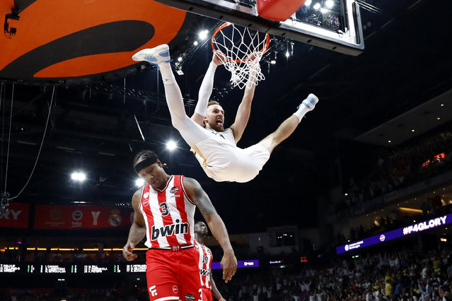 Real Madrid's Dzanan Musa reacts after scoring a basket during the EuroLeague Final Four match between Real Madrid and Olympiacos Piraeus at Uber Arena in Berlin, Germany, on May 24, 2024. (Photo by Fabrizio Bensch/Reuters)