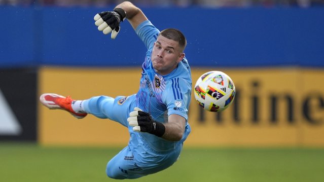 Los Angeles Galaxy goalkeeper John McCarthy watches a shot go wide during the first half of an MLS soccer match against FC Dallas, Saturday, July 13, 2024, in Frisco, Texas. (Photo by LM Otero/AP Photo)