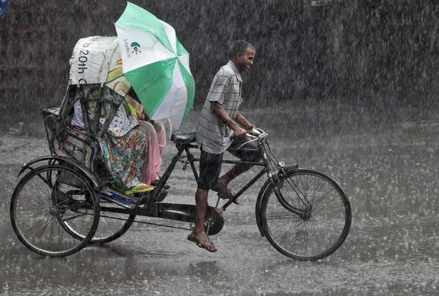 Commuters use an umbrella to protect themselves from a heavy rain shower as they travel in a cycle rickshaw in Chandigarh, India, July 20, 2015. (Photo by Ajay Verma/Reuters)