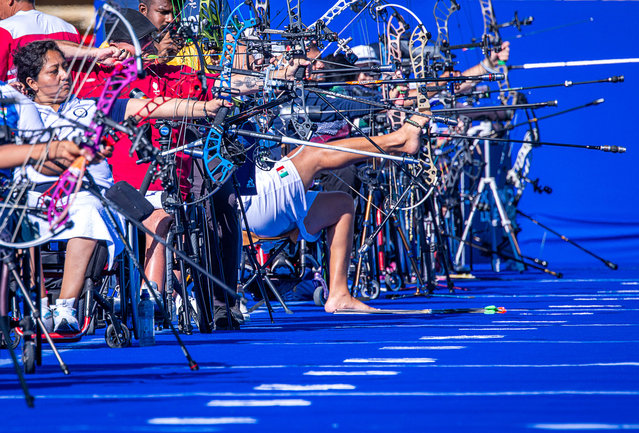 Archers train before the start of the 2024 Paralympic Games in Paris, France, on August 28, 2024. (Photo by Jens Büttner/DPA via Reuters)