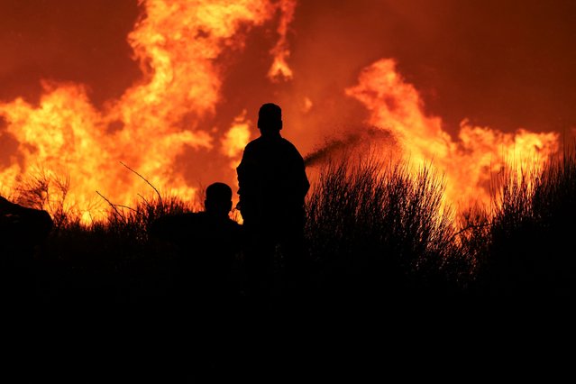 Firefighters try to extinguish a wildfire burning in Dionysos, Greece, on August 12, 2024. (Photo by Alexandros Avramidis/Reuters)