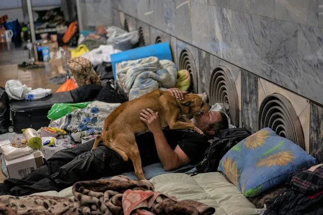A man pets a dog in the city subway of Kharkiv, in eastern Ukraine, on Thursday, May 19, 2022. (Photo by Bernat Armangue/AP Photo)