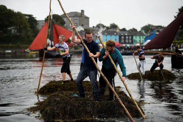 Teams approach the finish line of a seaweed race pushing a two tonne seaweed bundles known as Climin from the sea to the harbour finish line during Cruinniu na mBad (gathering of the boats) regatta in Kinvara, Ireland August 20, 2017. (Photo by Clodagh Kilcoyne/Reuters)
