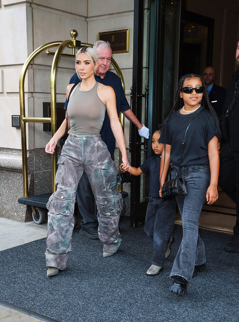 American socialite Kim Kardashian with her kids North and Chicago West seen out and about in Manhattan on July 12, 2022 in New York City. (Photo by GC Images)