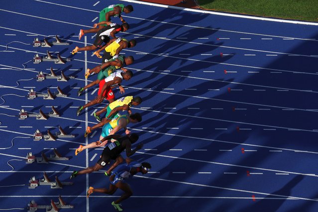 Athletes compete during Men's 100m Semi-Finals on day six of the Birmingham 2022 Commonwealth Games at Alexander Stadium on August 03, 2022 in Birmingham, England. (Photo by Al Bello/Getty Images)