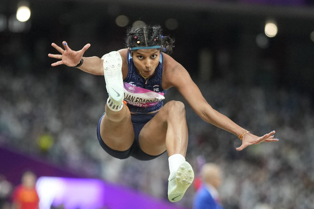 India's Ancy Sojan Edappilly competes during the women's long jump final at the 19th Asian Games in Hangzhou, China, Monday, October 2, 2023. (Photo by Lee Jin-man/AP Photo)