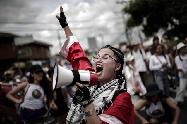 Social groups protest against the policies of the Government of President Rodrigo Chaves, in various areas such as social investment, education, economy and employment in San Jose, Costa Rica on October 25, 2023. (Photo by Jeffrey Arguedas/EPA/EFE)
