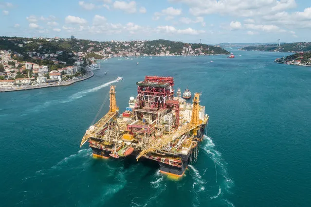 An aerial view of Scarabeo 9, a 115-meter-long and 84-meter-high Frigstad D90-type Bahamas-flagged drilling rig, passing through the Bosphorus Strait in Istanbul, Turkey on August 29, 2019. (Photo by Muhammed Enes Yildirim/Anadolu Agency via Getty Images)