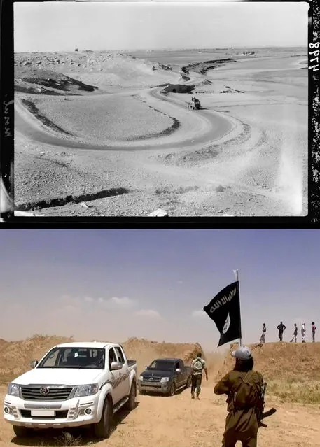 This combination of two photographs shows a 1932 image of a lorry on the road south of Mosul, Iraq, from the Library of Congress, top, and an image posted on a militant news Twitter account on Thursday, June 12, 2014 showing militants from the Islamic State group removing part of the soil barrier on the Iraq-Syria borders and moving through it. (Photo by AP Photo)
