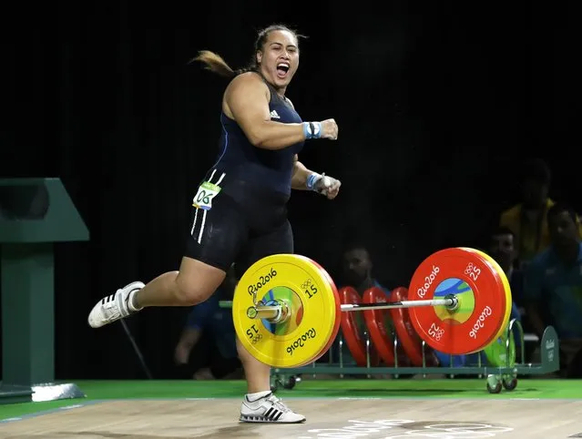 Luisa Fatiaki Taitapu Peters, of the Cook Islands, celebrates after a lift in the women's 75kg weightlifting competition at the 2016 Summer Olympics in Rio de Janeiro, Brazil, Sunday, August 14, 2016. (Photo by Mike Groll/AP Photo)