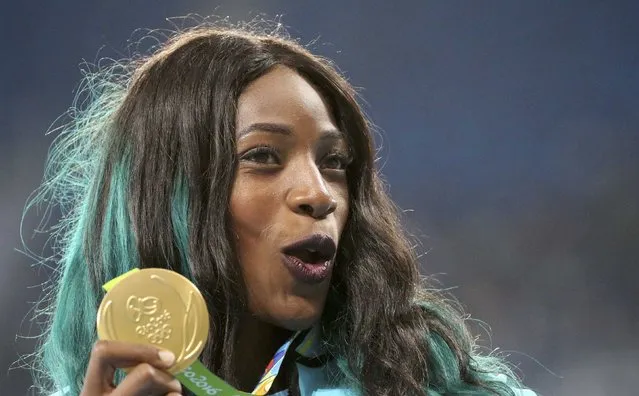 2016 Rio Olympics, Athletics, Victory Ceremony, Women's 400m Victory Ceremony, Olympic Stadium, Rio de Janeiro, Brazil on August 16, 2016. Gold medalist Shaunae Miller (BAH) of Bahamas reacts. (Photo by Sergio Moraes/Reuters)