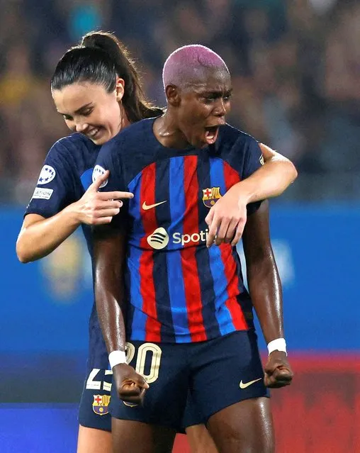 Asisat Oshoala and Ingrid Engen celbration during the match corresponding to the week 1 of the group stage of the UEFA Womens Champions League between FC Barcelona and SL Benfica, played at the Johan Cruyff Stadium, in Barcelona, on 19th October 2022. (Photo by Albert Gea/Reuters)