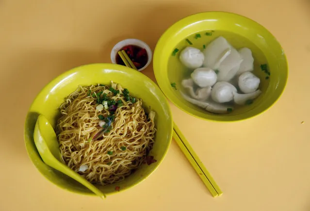 A $2.20 bowl of fishball noodles is seen at Thye Hong Handmade Fishball Noodle stall at Ghim Moh food center in Singapore August 12, 2016. (Photo by Edgar Su/Reuters)