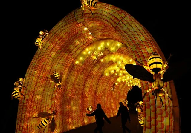 Visitors walk between huge lanterns depicting bugs and flowers at Belgium's Planckendael Zoo during its annual festive China Light ZOO light show, in Mechelen, Belgium on December 2, 2022. (Photo by Yves Herman/Reuters)