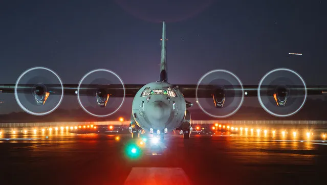 A C130J Hercules flew an essential training mission in South West England in the last decade of January 2023. ZH867, flying as STRIKER 37, was crewed by 47 Squadron with members of 47 Air Despatch Squadron on-board. The aircraft practised Night Vision Goggle low flying, lights-out approaches and landings, and air-dropped light stores onto Abingdon drop zone. (Photo by Cpl Lee Matthews)