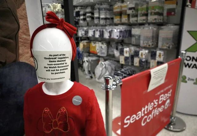 A general view of a supermarket which has used mannequins and advertisements to cordon off non essential goods which are restricted from sale under the Welsh firebreak lockdown restrictions on October 24, 2020 in Blackwood, Wales. (Photo by Huw Fairclough/Getty Images)