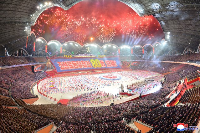 This picture taken on October 9, 2025 and released by North Korea's official Korean Central News Agency (KCNA) on October 10, 2025 shows celebrations marking the 80th anniversary of the founding of the Workers' Party of Korea at May Day Stadium in Pyongyang. (Photo by KCNA via KNS/AFP Photo)