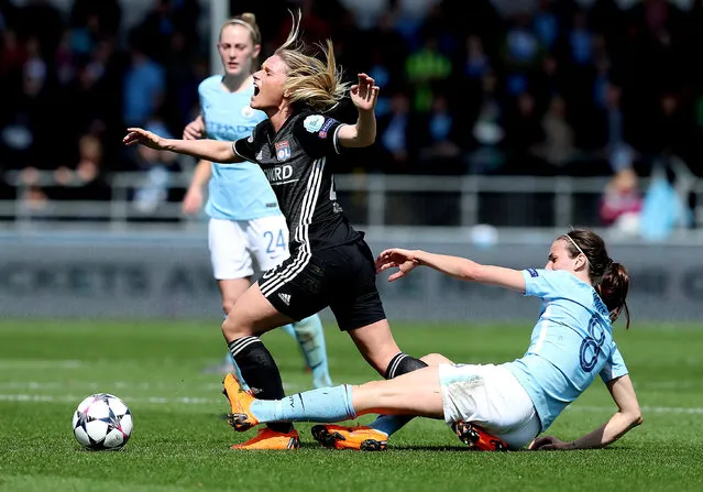 Manchester City Womens' Jill Scott fouls Lyon's Amandine Henry during the UEFA Women's Champions League, Semi Final First Leg match at the City Football Academy, Manchester, Britain on April 22, 2018. (Photo by John Clifton/Reuters/Action Images)