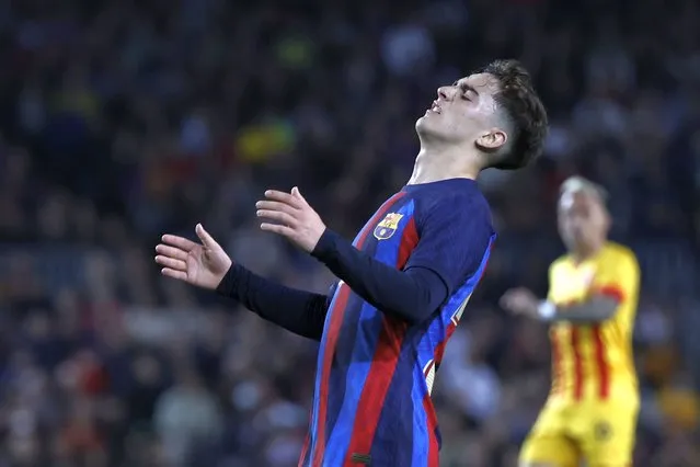 Barcelona's Gavi reacts after a missed scoring opportunity during a Spanish La Liga soccer match between Barcelona and Girona at the Camp Nou stadium in Barcelona, Spain, Monday, April 10, 2023. (Photo by Joan Monfort/AP Photo)