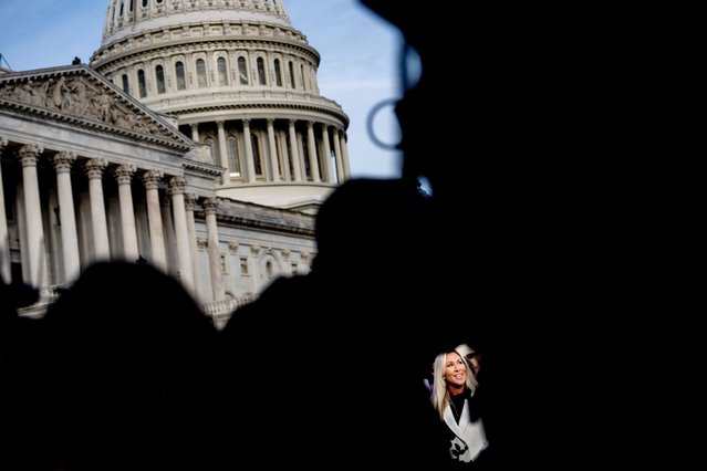 Rep. Marjorie Taylor Greene, R-Ga., attends a news conference on the Epstein Files Transparency Act, outside the U.S. Capitol in Washington, November 18, 2025. (Photo by Julia Demaree Nikhinson/AP Photo)