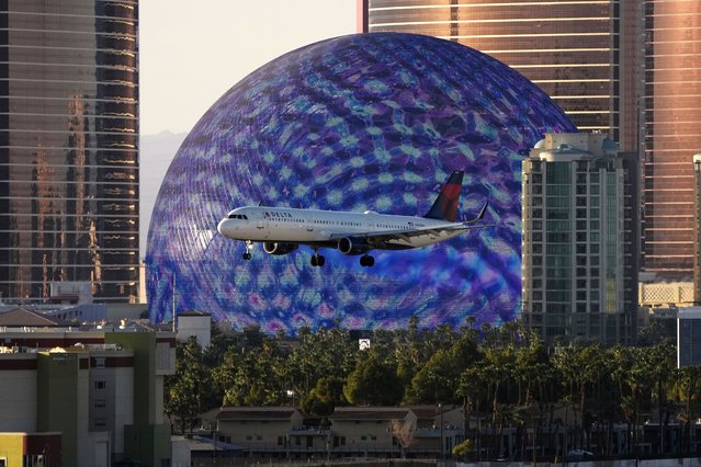 Delta Air Lines flight lands at Harry Reid International Airport, Wednesday, April 9, 2025, in Las Vegas. (Photo by John Locher/AP Photo)