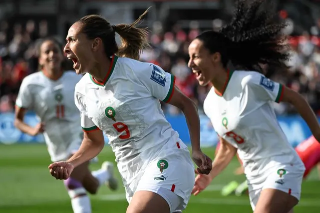 Morocco's forward #09 Ibtissam Jraidi celebrates scoring her team's first goal during the Australia and New Zealand 2023 Women's World Cup Group H football match between South Korea and Morocco at Hindmarsh Stadium in Adelaide on July 30, 2023. (Photo by Brenton Edwards/AFP Photo)
