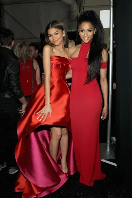 Zendaya Coleman (L) and Ciara pose backstage at the Go Red For Women Red Dress Collection 2015 presented by Macy's fashion show during Mercedes-Benz Fashion Week Fall 2015 at The Theatre at Lincoln Center on February 12, 2015 in New York City. (Photo by Astrid Stawiarz/Getty Images for Go Red)