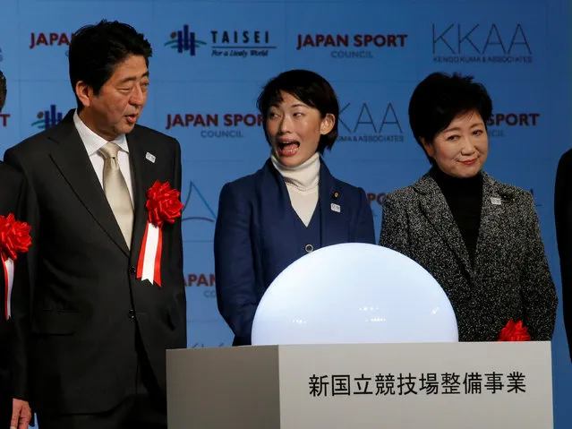 (L-R) Japan's Prime Minster Shinzo Abe, minister in charge of overseeing preparations for Tokyo's 2020 Summer Olympic Games Tamayo Marukawa and Tokyo Governor Yuriko Koike attend the groundbreaking ceremony of the new Olympic Stadium for the 2020 Summer Olympic Games in Tokyo, Japan, December 11, 2016. (Photo by Kim Kyung-Hoon/Reuters)