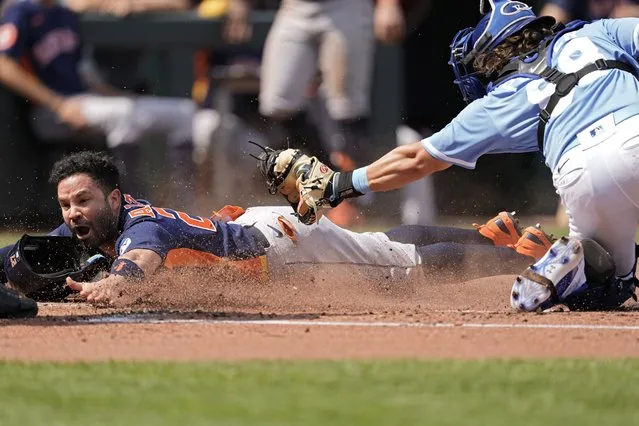 Houston Astros' Jose Altuve beats the tag by Kansas City Royals catcher Logan Porter to score on a sacrifice fly hit by Jose Abreu during the third inning of a baseball game Sunday, September 17, 2023, in Kansas City, Mo. (Photo by Charlie Riedel/AP Photo)